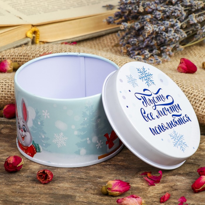 Шкатулка металл круглая "Зайчик и снегирь - Пусть все мечты исполнятся" 4,5х7,5х7,5 см