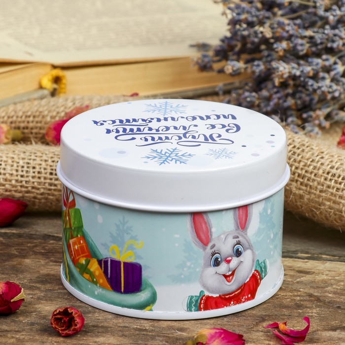 Шкатулка металл круглая "Зайчик и снегирь - Пусть все мечты исполнятся" 4,5х7,5х7,5 см