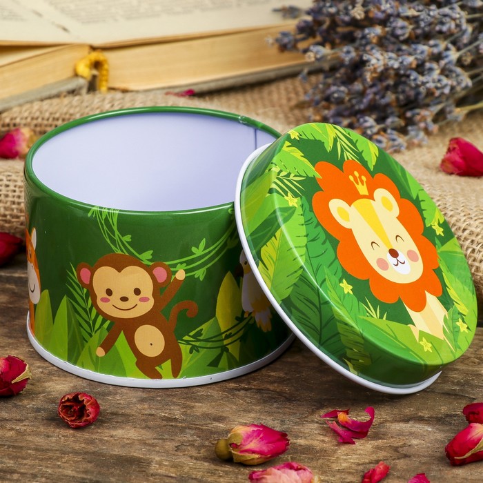 Шкатулка металл круглая "Зверята в джунглях" 4,5х7,5х7,5 см
