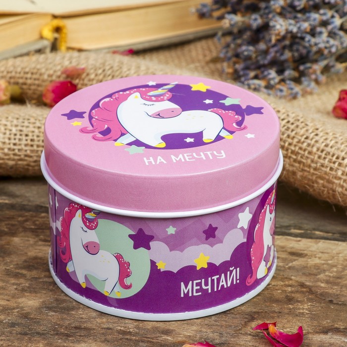 Шкатулка металл круглая "Единорожек - На мечту" 4,5х7,5х7,5 см