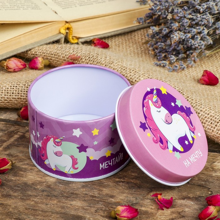 Шкатулка металл круглая "Единорожек - На мечту" 4,5х7,5х7,5 см