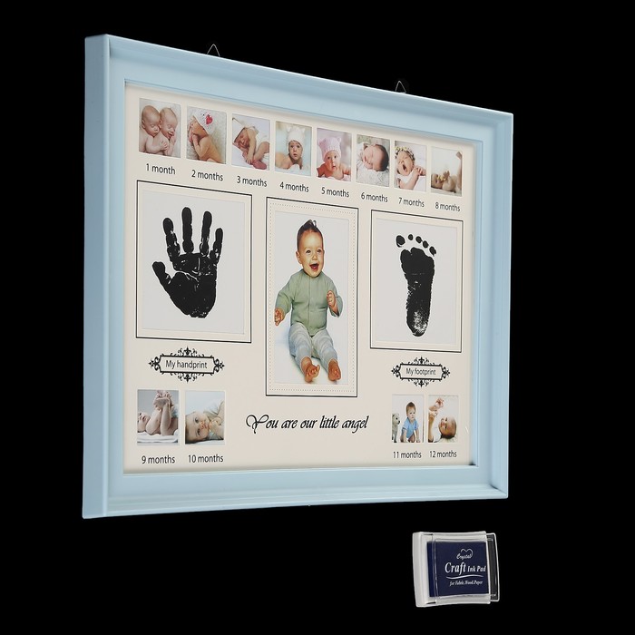 Фоторамка на 13 фото 4х4, 7,5х11,5 см с штемп.подушкой "Наш ангел" голубая 30х40х2,5 см