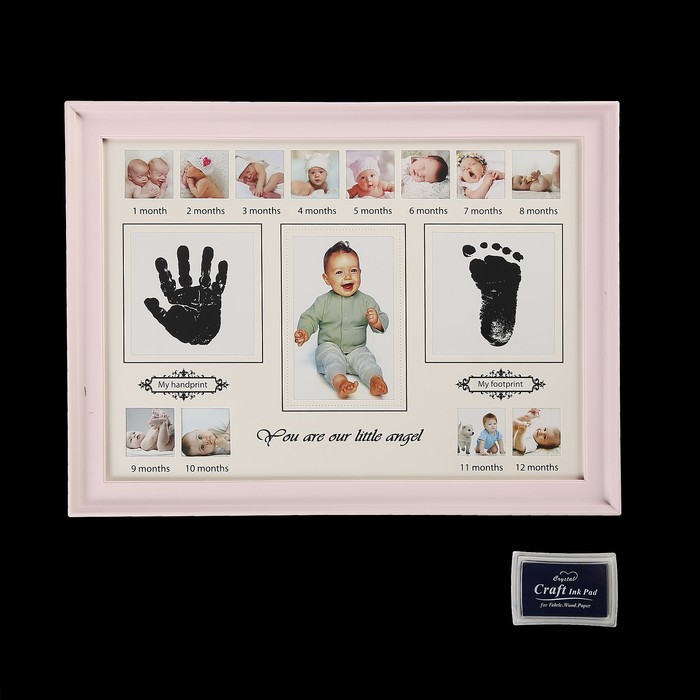 Фоторамка на 13 фото 4х4, 7,5х11,5 см с штемп.подушкой "Наш ангел" розовая 30х40х2,5 см