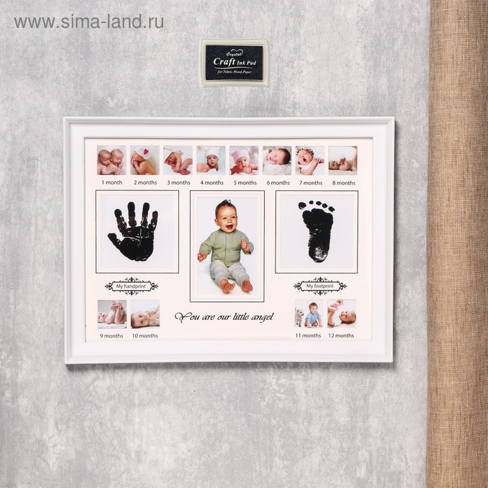 

Фоторамка на 13 фото 4х4, 7,5х11,5 см с штемп.подушкой "Наш ангел" белая 30х40х2,5 см