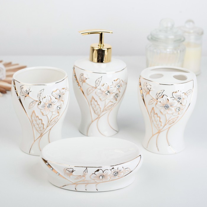 Набор для ванной "Цветы", 4 предмета: мыльница, дозатор для мыла, 2 стакана