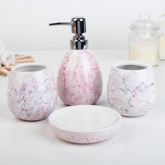 Набор для ванной "Розовое сияние", 4 предмета: мыльница, дозатор для мыла, 2 стакана