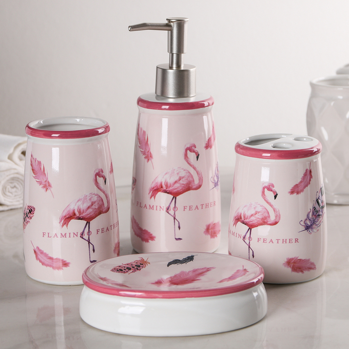 Набор для ванной "Фламинго" 4 предмета: мыльница, дозатор для мыла, 2 стакана