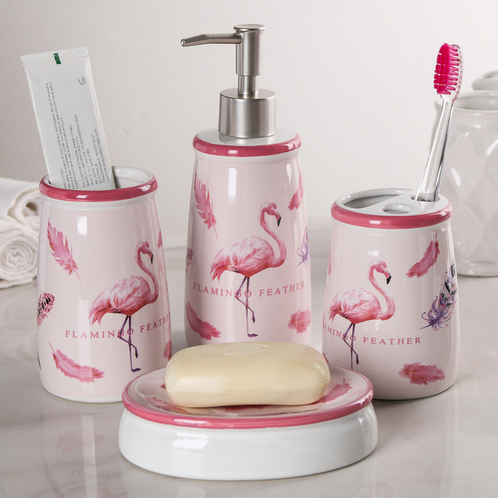 Набор для ванной "Фламинго" 4 предмета: мыльница, дозатор для мыла, 2 стакана