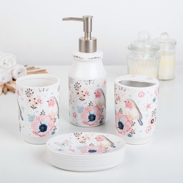 Набор для ванной "Снегири" 4 предмета: мыльница, дозатор для мыла, 2 стакана
