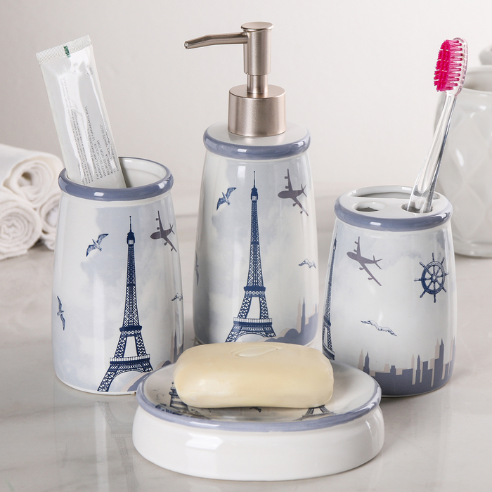 Набор для ванной "Париж" 4 предмета: мыльница, дозатор для мыла, 2 стакана