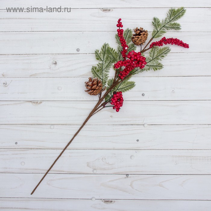 Декор Зимние мечты веточка с шишками и ягодами, 50 см