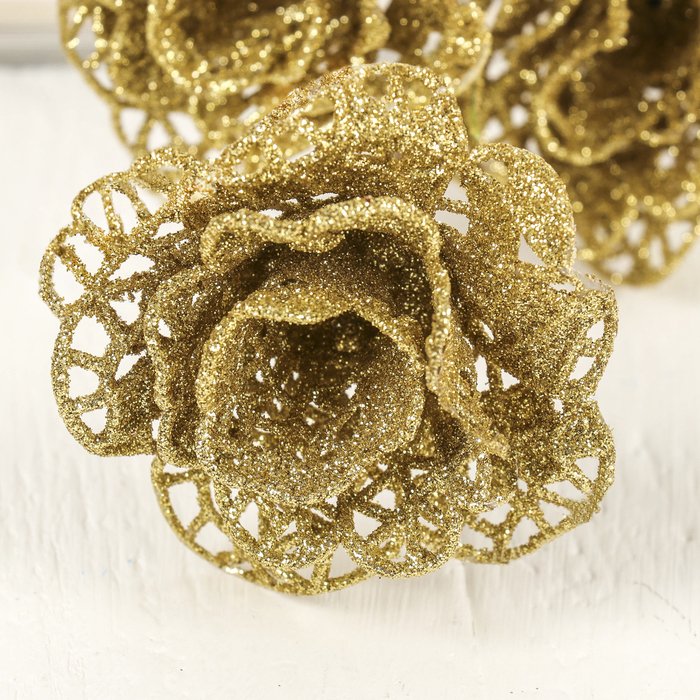 Цветы искусственные блеск "Три резные розы" 5*60 см, золото