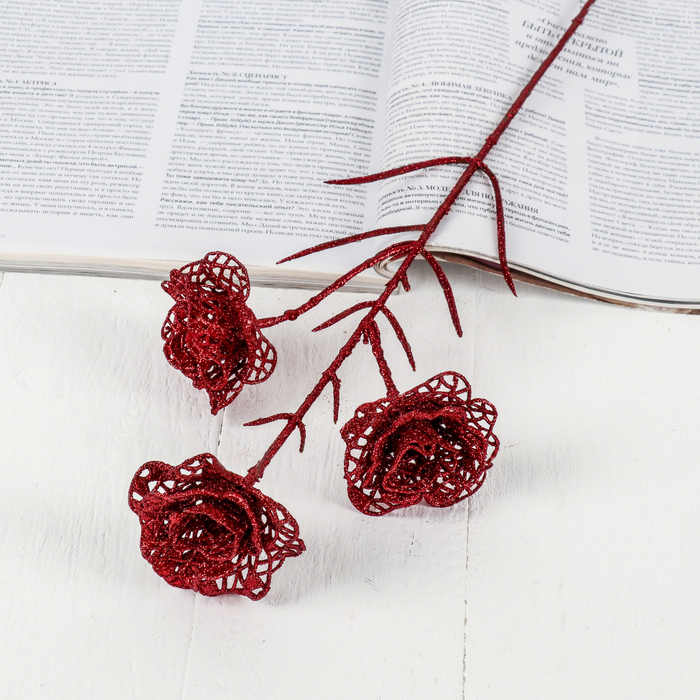 Цветы искусственные блеск "Три резные розы" 5*60 см, красный