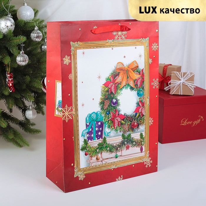 Пакет подарочный "Рождественский венок", люкс, 30 х 12 х 43 см