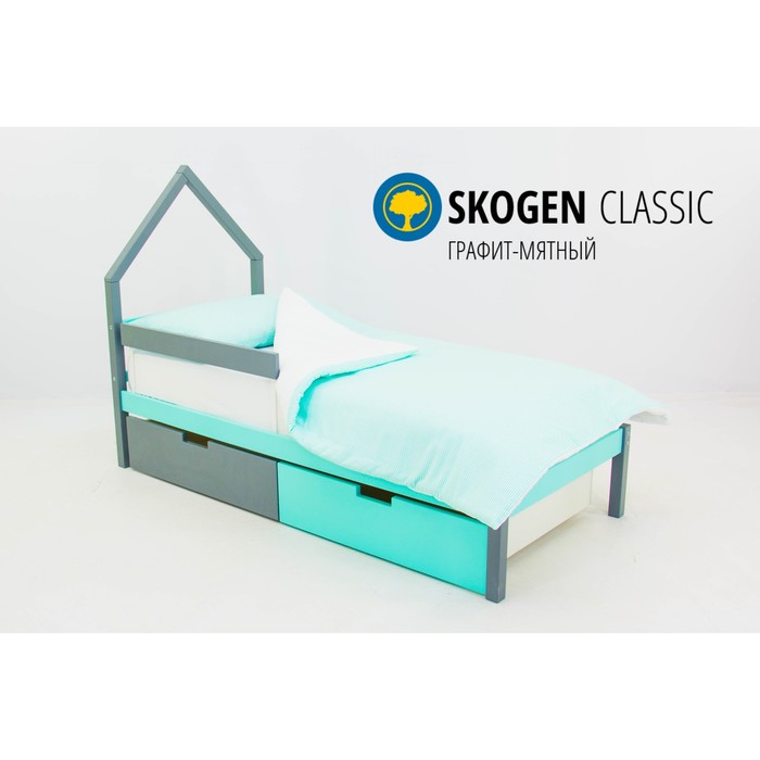 Детская кровать-домик мини Бельмарко Skogen, без ящика, графит/мятная