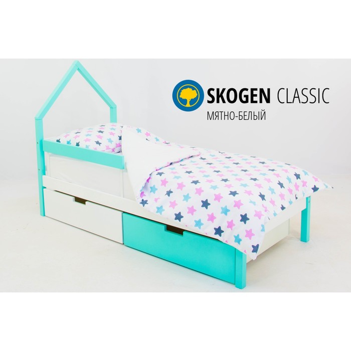 Детская кровать-домик мини Бельмарко Skogen, без ящика, мятно-белая