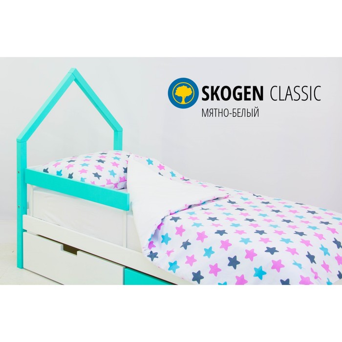 Детская кровать-домик мини Бельмарко Skogen, без ящика, мятно-белая