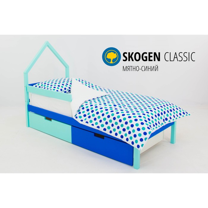 Детская кровать-домик мини Бельмарко Skogen, без ящика, мятно-синяя