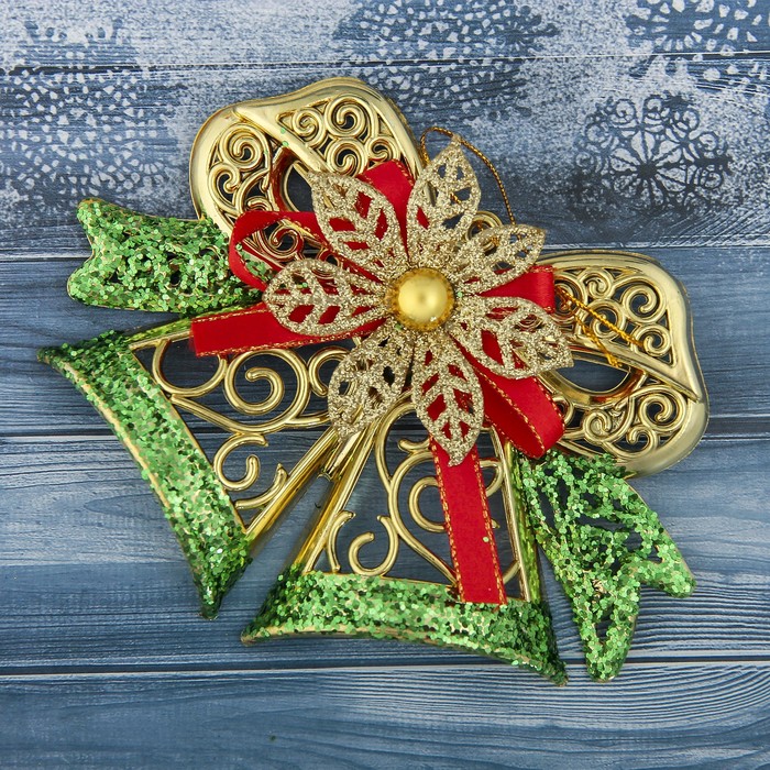 Украшение ёлочное колокольчик "Двойной с золотым цветком" 10*15 см, золото с зелёным