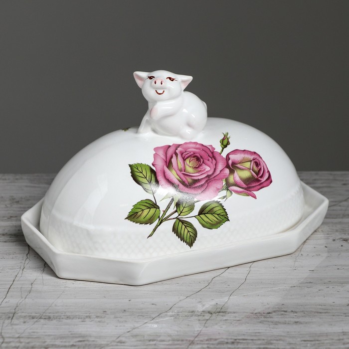 Масленка "Поросенок", рифленая, цветы