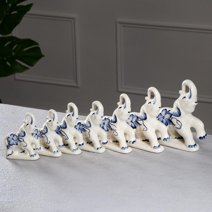 фото Набор статуэток "слоны", 7 предметов, роспись, бело-синяя, керамика керамика ручной работы