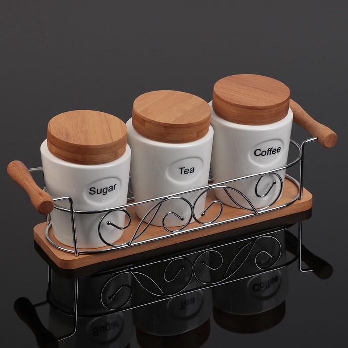 Набор банок для сыпучих продуктов "Эстет", 3 шт, на деревянной подставке