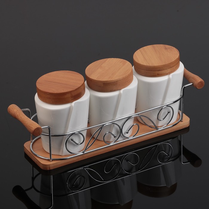 Набор банок для сыпучих продуктов "Эстет", 3 шт, на деревянной подставке