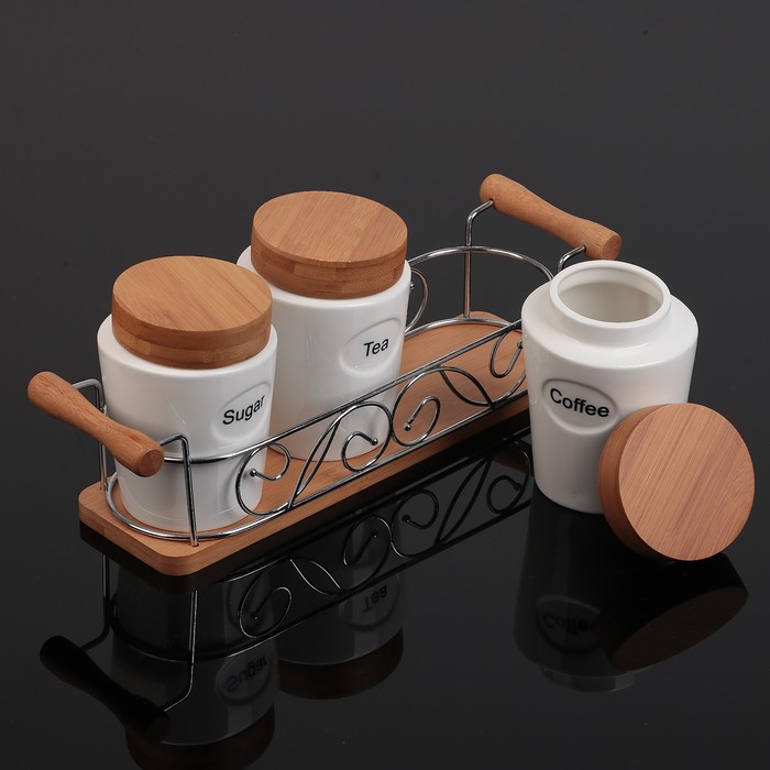 Набор банок для сыпучих продуктов "Эстет", 3 шт, на деревянной подставке