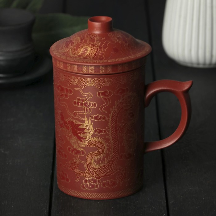 Кружка 350 мл "Огненная птица", с крышкой и керамическим ситом