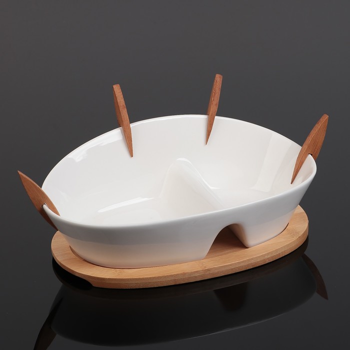 Блюдо с 2 отсеками "Эстет", с 4 деревянными вилочками, на деревянной подставке