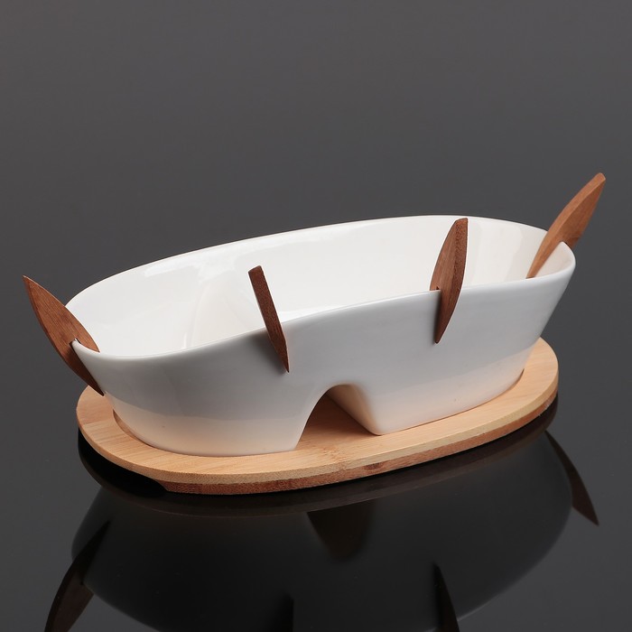 Блюдо с 2 отсеками "Эстет", с 4 деревянными вилочками, на деревянной подставке