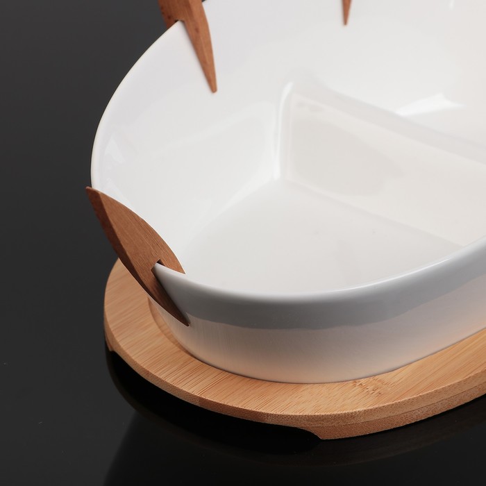 Блюдо с 2 отсеками "Эстет", с 4 деревянными вилочками, на деревянной подставке