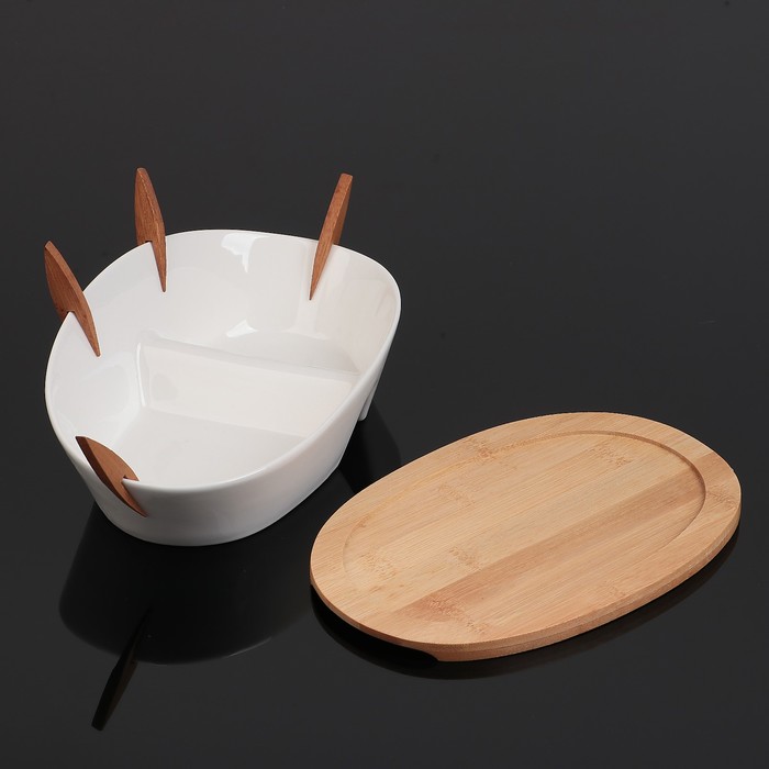 Блюдо с 2 отсеками "Эстет", с 4 деревянными вилочками, на деревянной подставке