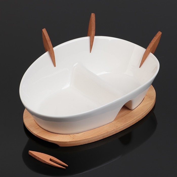 Блюдо с 2 отсеками "Эстет", с 4 деревянными вилочками, на деревянной подставке