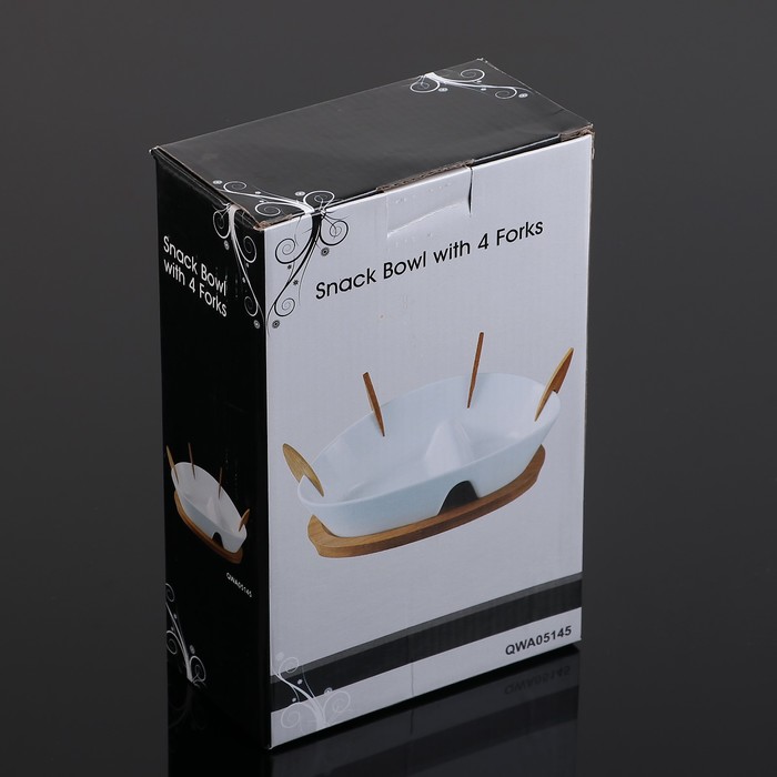 Блюдо с 2 отсеками "Эстет", с 4 деревянными вилочками, на деревянной подставке