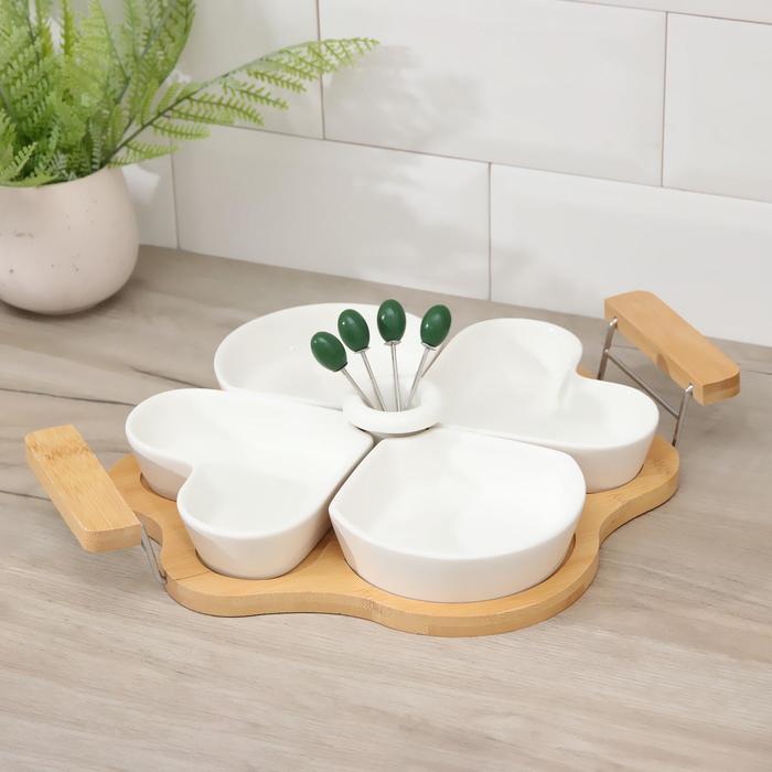 Набор мисок для снэков "Эстет", 4 шт, со шпажками, на деревянной подставке