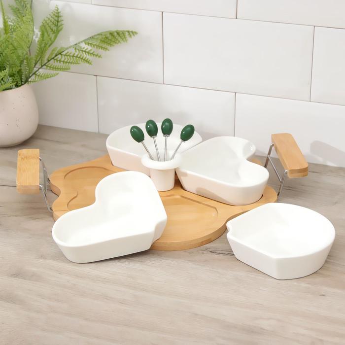 Набор мисок для снэков "Эстет", 4 шт, со шпажками, на деревянной подставке