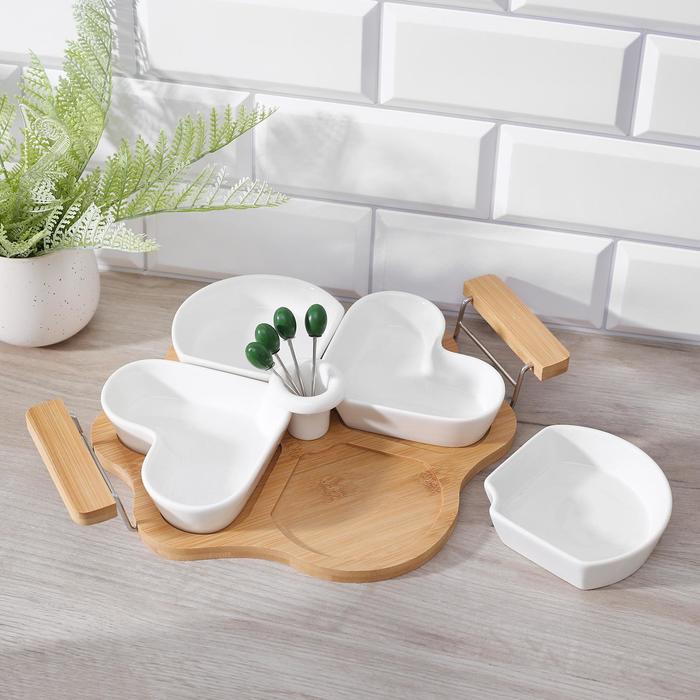 Набор мисок для снэков "Эстет", 4 шт, со шпажками, на деревянной подставке