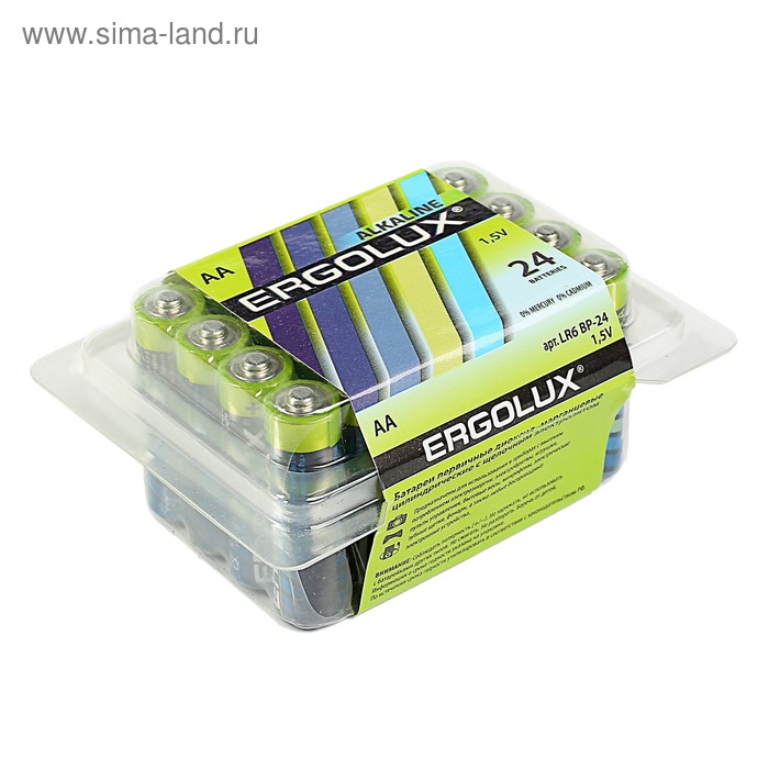 Батарейка алкалиновая Ergolux, AA, LR6-24BOX (LR6 BP-24), 1.5В, набор 24 шт. алкалиновая батарейка aa lr6 экономичная упаковка 24 шт rexant цена за 1 шт rexant арт 30 1024