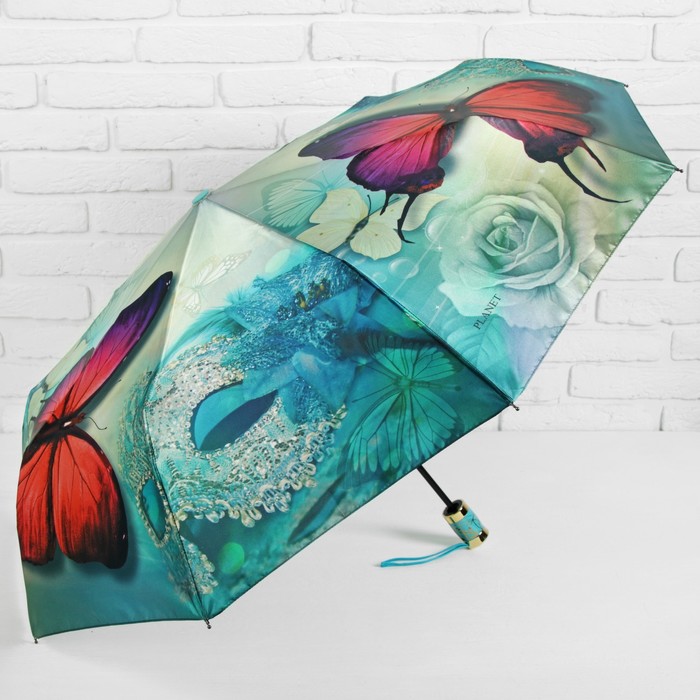 Зонт автоматический "Бабочки", R=51см, цвет бирюзовый