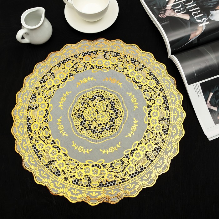 Салфетка ажурная ПВХ 38 см "Розы", цвет золото