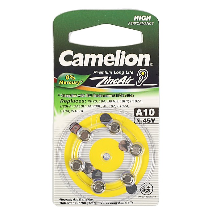 Батарейка цинковая Camelion ZA10-6BL (A10-BP6),для слух аппаратов,1.4V,90mAh, блистер, 6шт