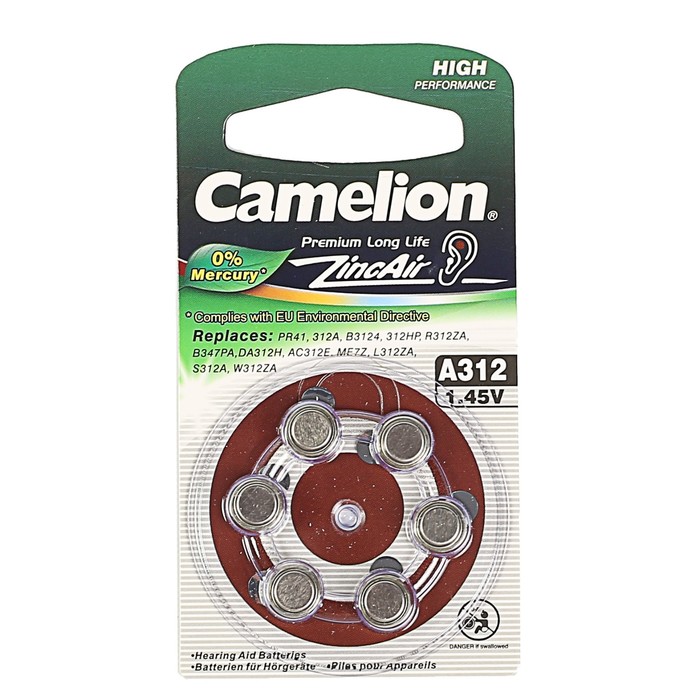 Батарейка цинковая Camelion ZA312-6BL (A312-BP6),д/слух аппаратов,1.4V,170mAh,блистер,6шт