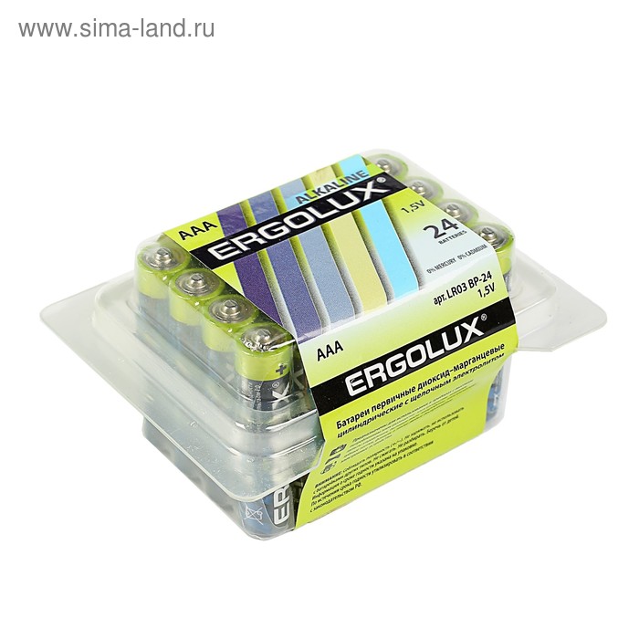 Батарейка алкалиновая Ergolux, AAA, LR03-24BOX (LR03 BP-24), 1.5В, набор 24 шт. батарейка алкалиновая kodak max aaa lr03 24box 1 5в бокс 24 шт