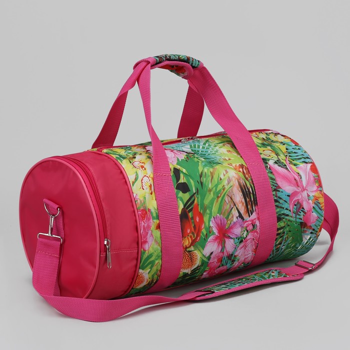 Сумка спортивная "Листва", 1 отдел, наружный карман, ремень, цвет розовый/зелёный