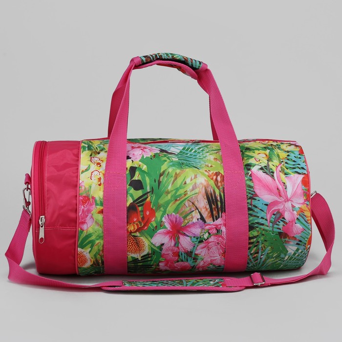 Сумка спортивная "Листва", 1 отдел, наружный карман, ремень, цвет розовый/зелёный