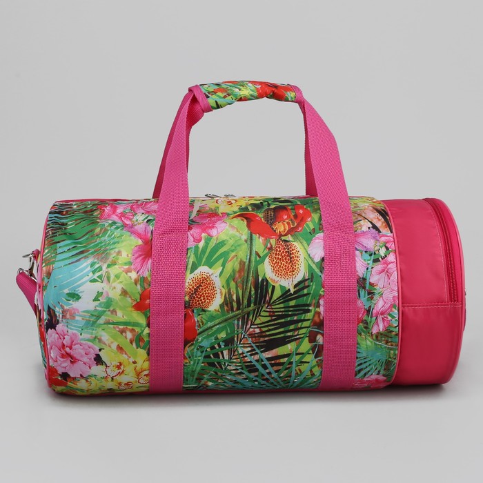 Сумка спортивная "Листва", 1 отдел, наружный карман, ремень, цвет розовый/зелёный
