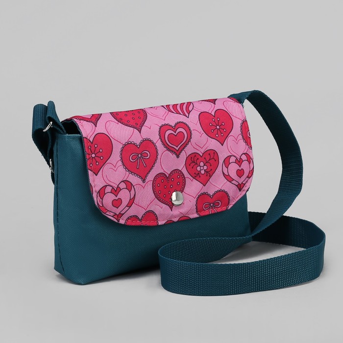 Сумка детская "Сердца", отдел на клапане, длинный ремень, цвет морской/розовый