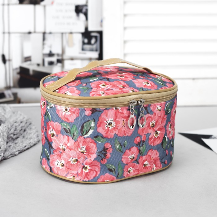 Косметичка-сундук "Цветение", отдел на молнии, зеркало, цвет голубой/цветы