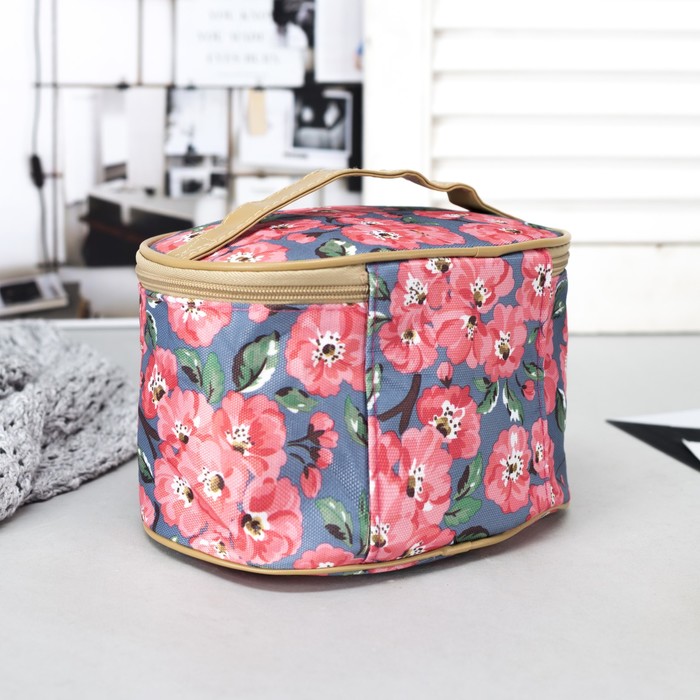 Косметичка-сундук "Цветение", отдел на молнии, зеркало, цвет голубой/цветы